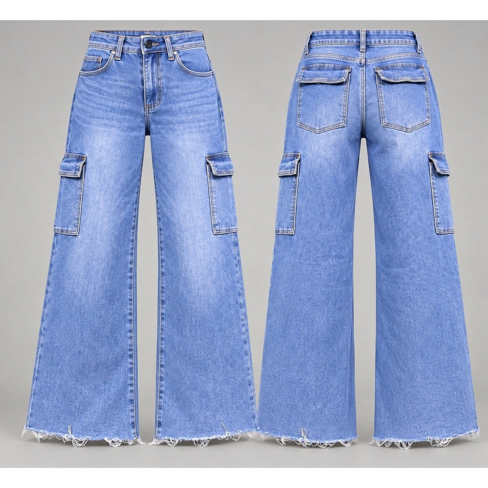 OAT jeans New York Womens 4/27  26x29.5 Wide Leg Cargo  medium  Wash raw hem